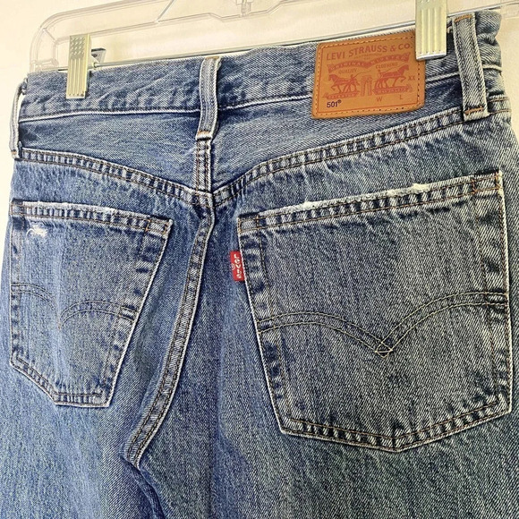 Levi's 501 Color-block Patchwork Ragged Lands Raw Hem Slim Straight Jeans - Picture 8 of 9